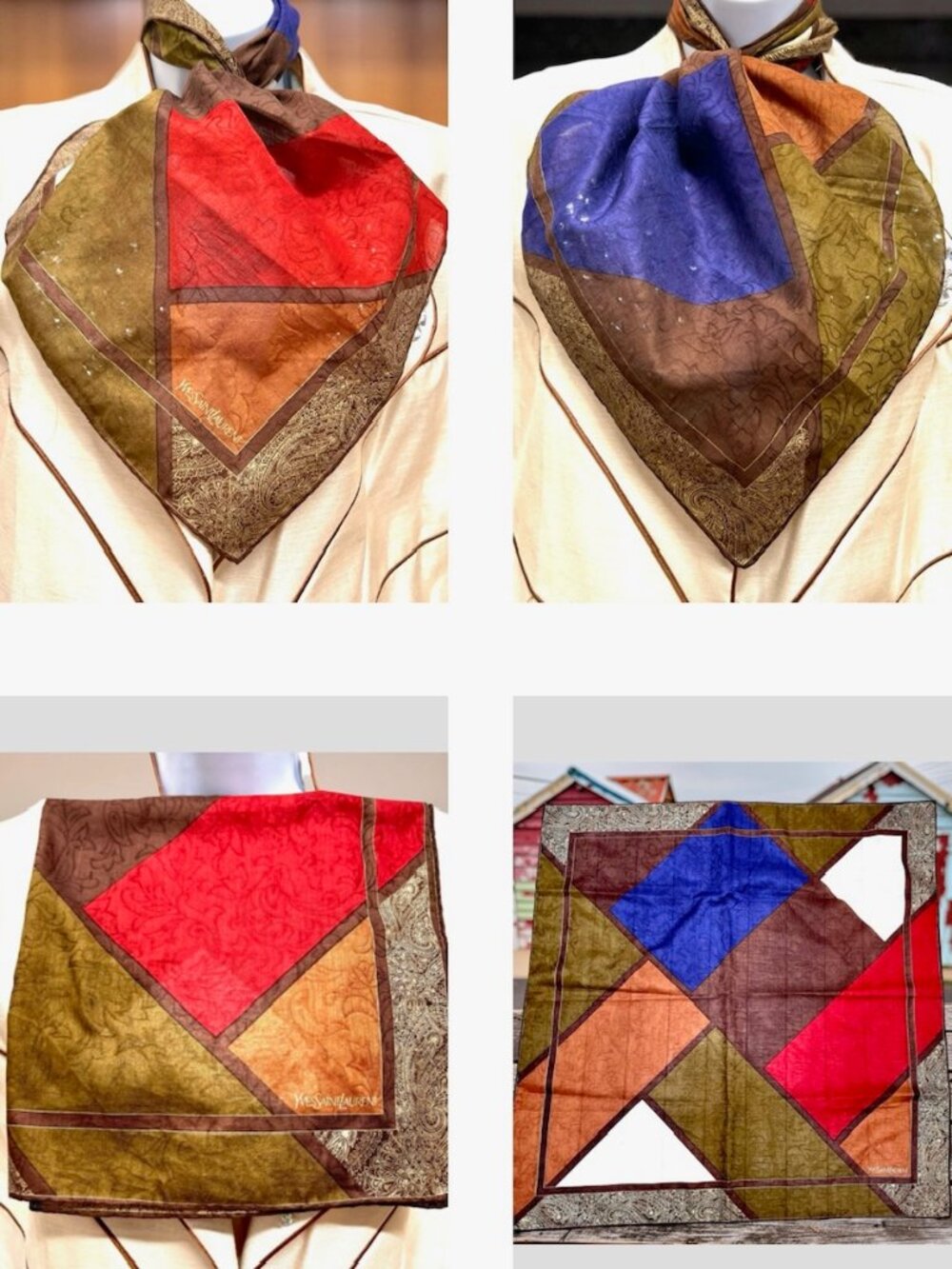 Yves Saint Laurent Silk/Cotton  Mini Scarf Brown Gold Black Blue White (28)